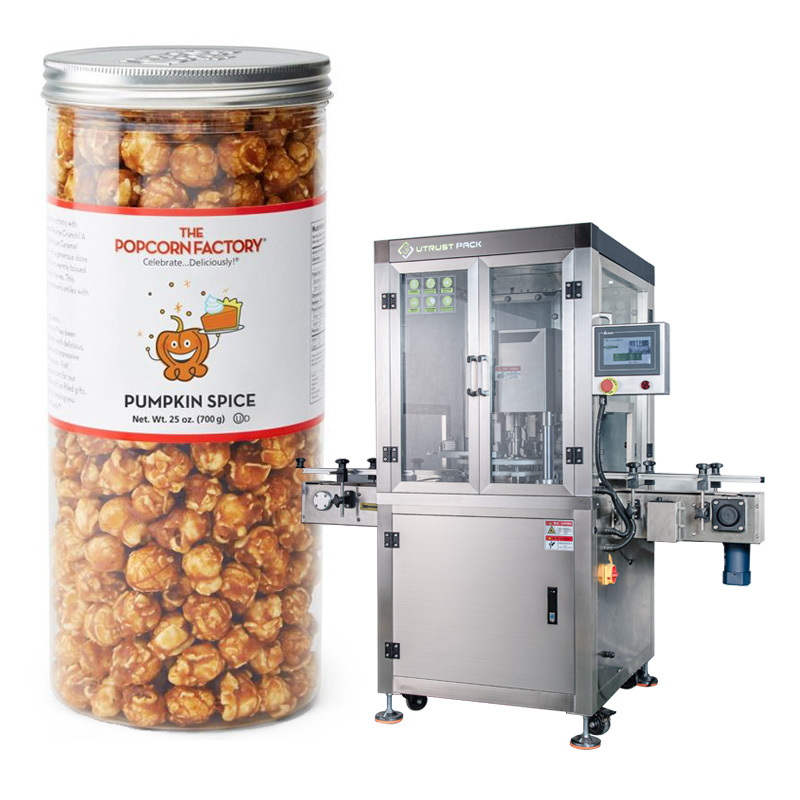 industrial automatic hot selling snacks dry goods candy puffed rice popcorn plastic can sealing machine
